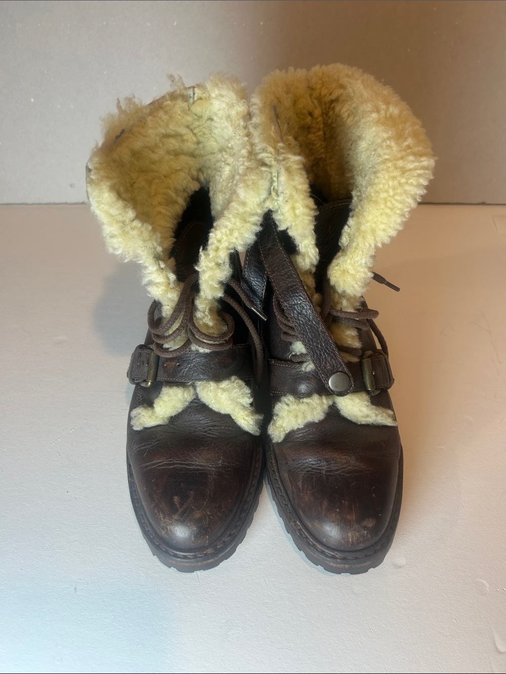VINTAGE Ralph Lauren Brown Leather Lace-Up Boots with Cream Shearling